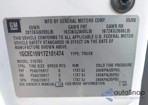 2007 Chevrolet Silverado 1500 Classic Work Truck z USA, uszkodzony, nr VIN 1GCEC19V17Z101474